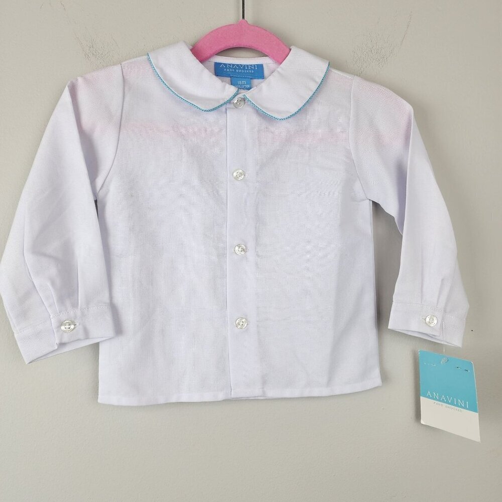 Anavini sz 18 months boy dress button down white shirt blue gingham trim